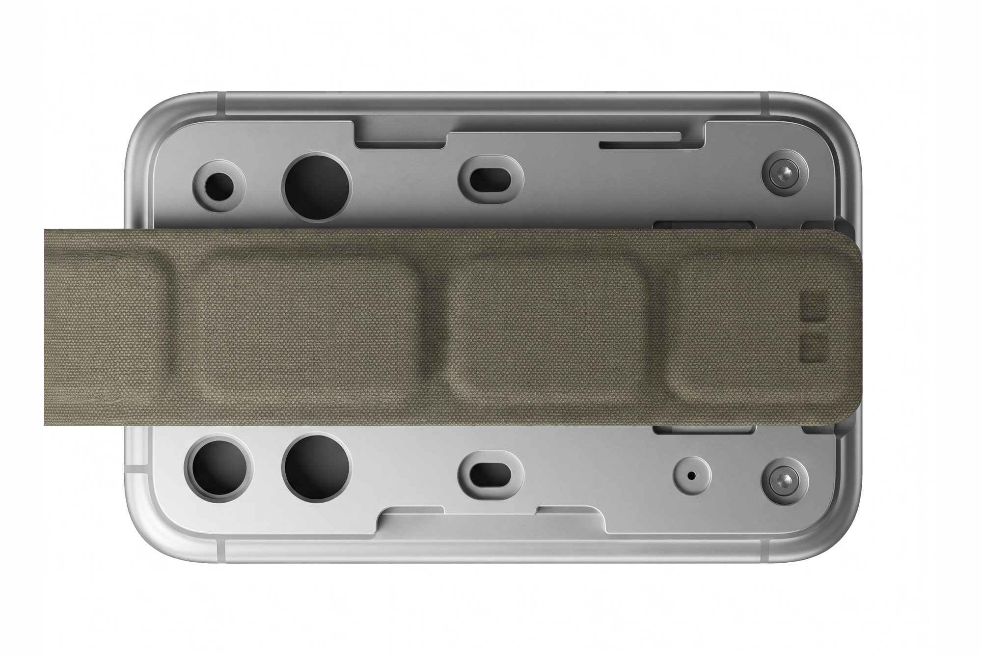 Back of a small silver wearable device with an olive fabric strap